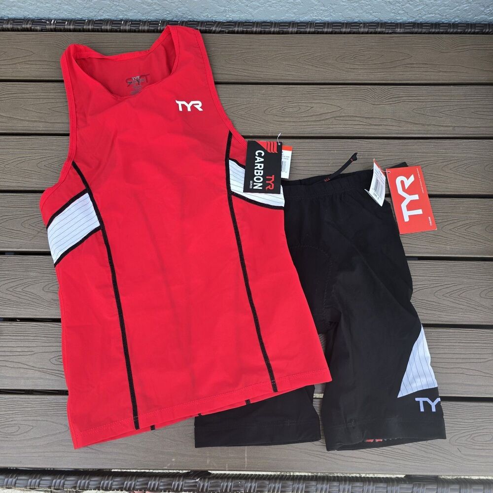 TYR Men's Black/red 2 Pc Triathlon Tank & 9  In. Padded Short Carbon S New